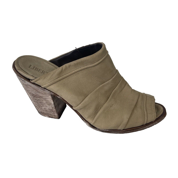 Liberty Black Peep Toe Mule Heels Size 7 Cognac Cream Leather Chunky - Picture 1 of 10
